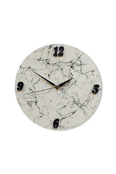 CajuArt White Round Marble Patterned Wooden Modern Wall Clock