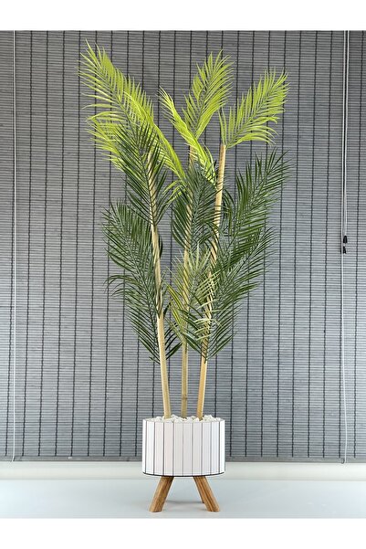 Bahçem Yapay Çiçek Palmiye Ahşap Elips Saksılı Ayaklı Areka Yapay Bitki Salon Çiçeği 18 Yapraklı 135cm