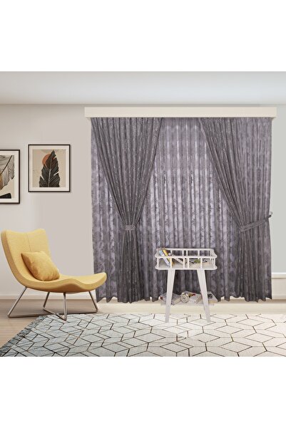perhal perde ve halı Osmanlı Desen Gri Örme Iç Tül Ve Fon Komple Takım Seyrek...