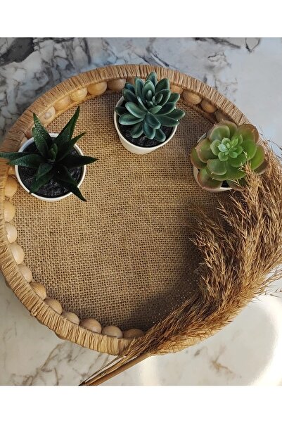 KUMSALIN DÜNYASI Ahşap Boncuklu Doğal Rafya Hasır Tepsi