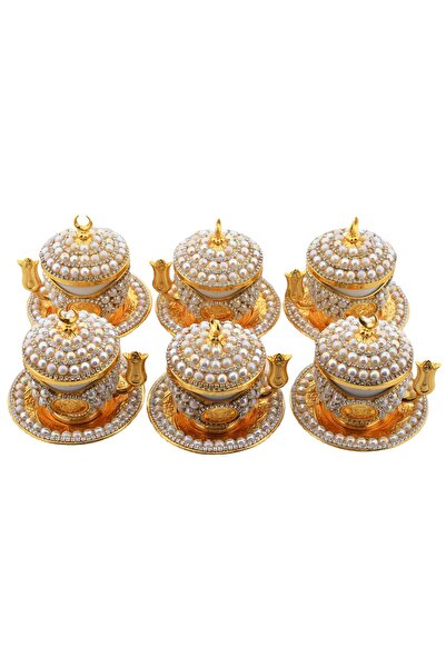 Sena Lale Saplı Tuğralı 6 Kişilik Incili Taşlı 24 Parça Altın Renk Fincan Takımı