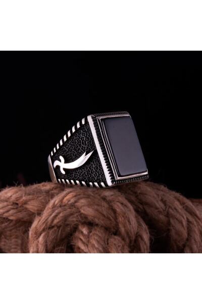 OSMANLI GÜMÜŞ Erkek Gümüş Yüzük Hz. Ali Kılıcı Işlemeli Siyah Oniks Taşlı Erk...