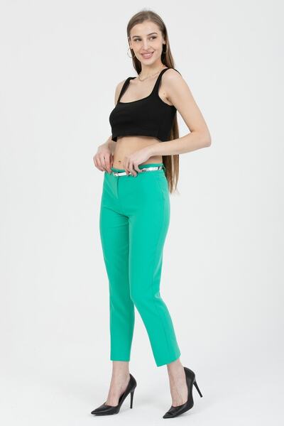 MD trend Women's Green Belted Classic Fabric Trousers