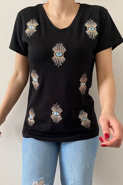 FEMELLE Tricou negru de damă, cu decolteu în V, cu paiete și broderie