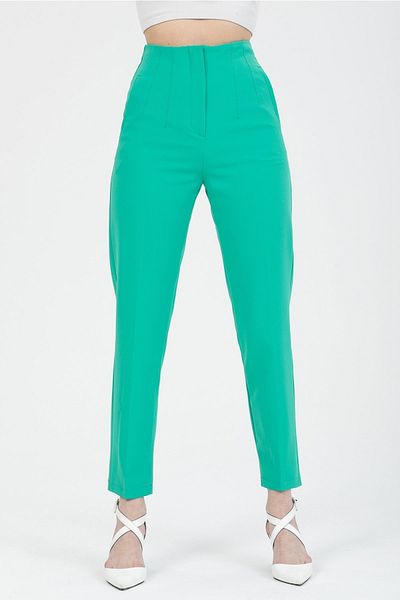 MD trend Women's Green High Waist Darted Carrot Cut Fabric Trousers