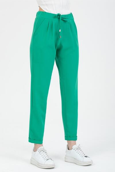 MD trend Women's Green Tied Front Hidden Zipper Double Pocket Leg Layered Trousers