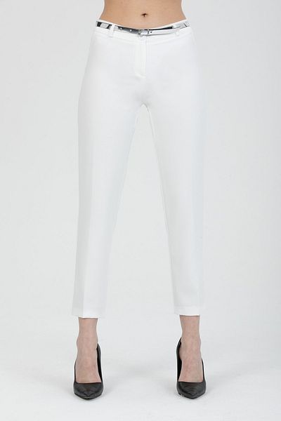 MD trend Women's White Belted Classic Fabric Trousers