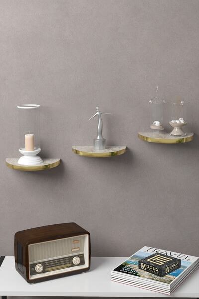 ilkal Duvar Rafı Dekoratif 3 Adet Çiçeklik Oval Altın Efes