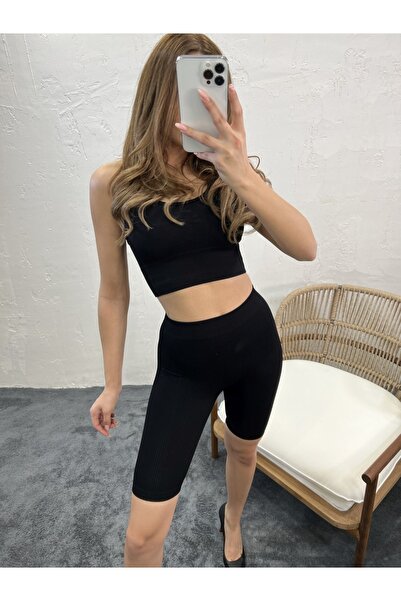 Fame Colanți scurti cu nervuri pentru femei negre