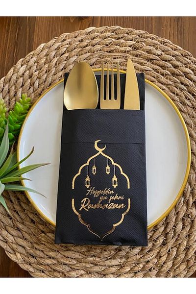 kidspartim Gilded Gold Black Napkin - Welcome Ya City, Ramadan Pocket, New Model of 12