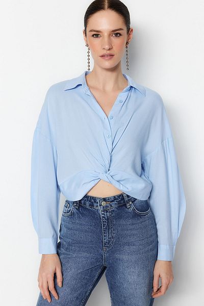 Trendyol Collection Bluză țesătă crop cu nod albastru deschis TWOSS23BZ00442