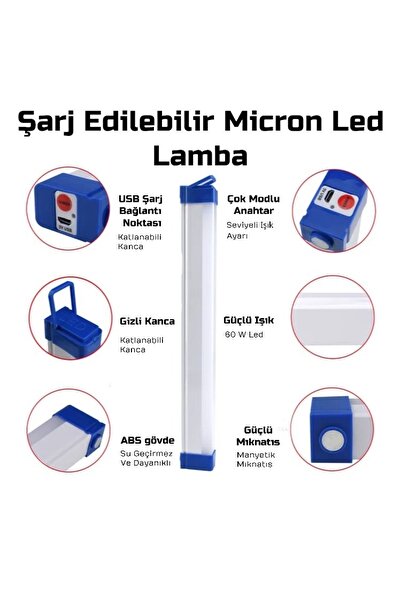 Micron Usb Şarjlı 3 Modlu Mıknatıslı Balıkçı - Kamp Feneri Led Şarjlı Işıldak 60 W 52 Cm