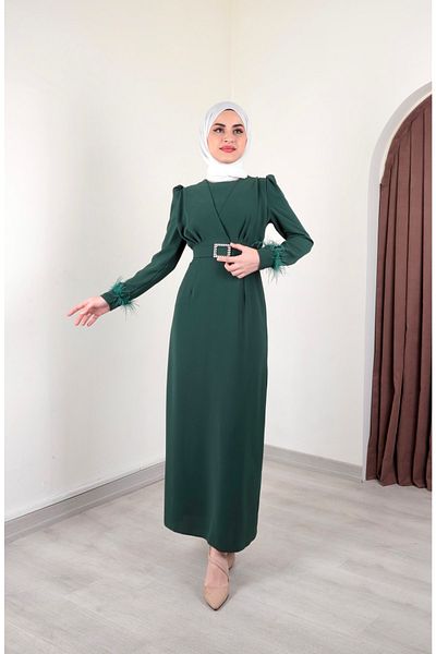 Aranlı tekstil Φόρεμα Hijab μανίκια σε μορφή μολυβιού με λεπτομέρεια από πούπουλα