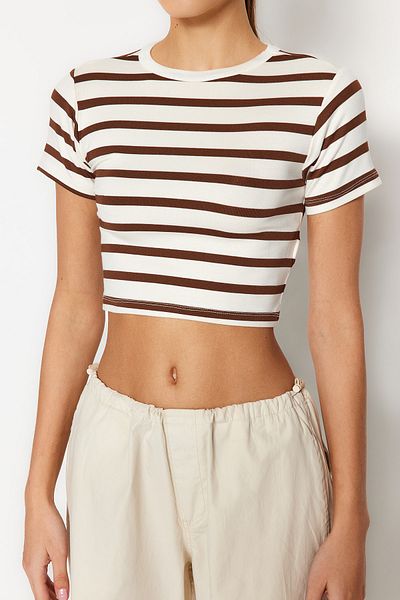 Trendyol Collection Коричнева блуза з віскози в смужку преміум-класу TWOSS23BZ00198 з коротким вирізом TWOSS23BZ00198