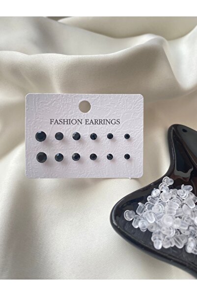 İlraysa 12' Li Siyah Taş Küpe Ve 200 Adet Küpe Arkası Silikon Piston