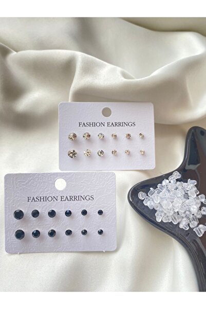 İlraysa 12' Li Siyah - Beyaz Taş Küpe Ve 200 Adet Küpe Arkası Silikon Piston