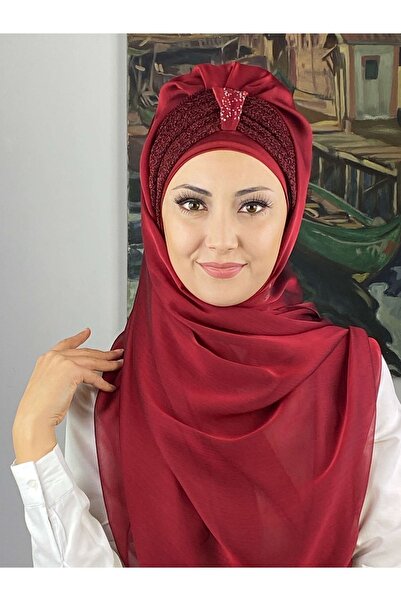 BUTİKAMBAR Tek Biritli Sultan Model Büzgülü Fransız Şifon Bordo Hazır Şal
