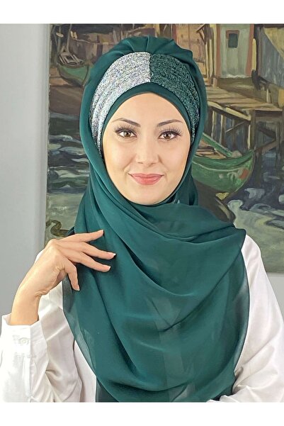 BUTİKAMBAR Sultan Büzgülü Oskar Fransız Şifon Zümrüt Yeşili Açık Gri Hazır Şal