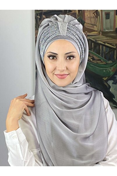BUTİKAMBAR Tek Biritli Sultan Model Büzgülü Fransız Şifon Açık Gri Hazır Şal
