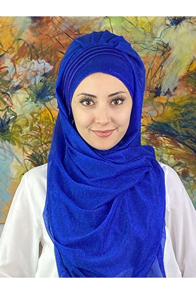 BUTİKAMBAR Saray Model Fransız Şifon Drapeli Simli Saks Hazır Şal