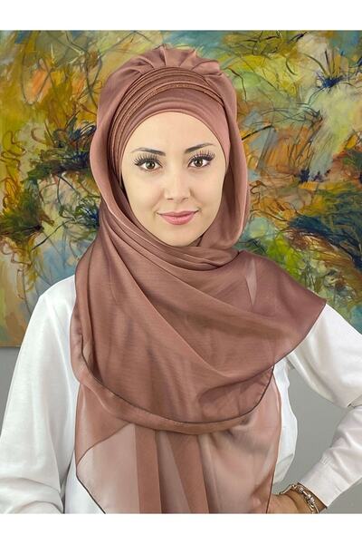 BUTİKAMBAR Saray Model Simli Drapeli Fransız Şifon Sütlü Kahve Hazır Şal
