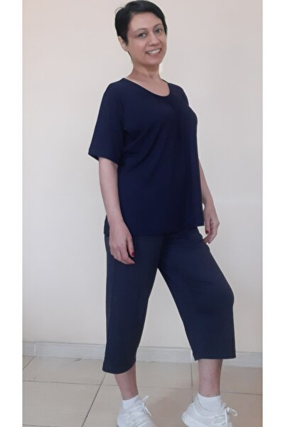 Mertcan Butik Navy Blue Collar Gathered Capri Size Pocket Combed Cotton Viscose Casual Pajamas Set