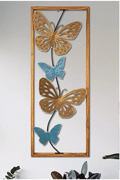MOS'EV Ahşap Çerçeveli Metal Kelebek Dore Mavi Ev Ofis Duvar Süsü 32x90cm