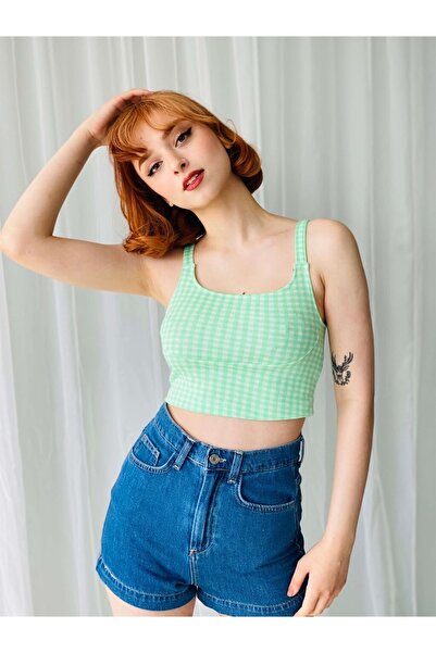 Jose Clothing Γυναικείο Crop Top Water Green Gingham με σχέδιο - λουράκι
