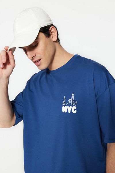 Trendyol Collection City Printed Indigo Oversize Cotton T-Shirt - Tmnss23Ts00115