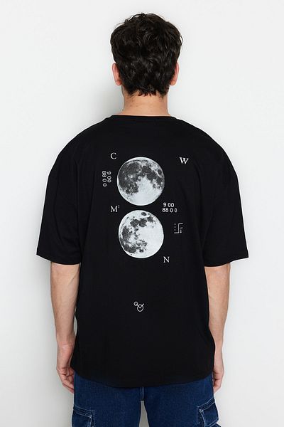 Trendyol Collection Space Printed Μαύρο Oversize Βαμβακερό T-Shirt - TMNSS23TS00125