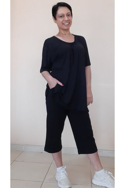 Mertcan Butik Black Collar Drawstring Six Pockets Combed Cotton Viscose Capri Length Casual Pajamas Set