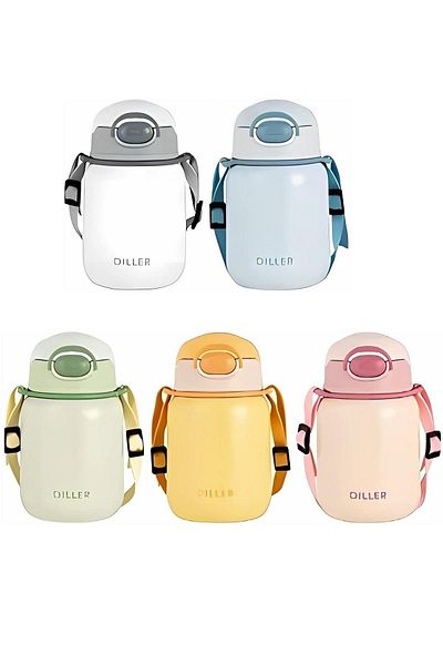 DILLER 420ml Steel Flask with Straw and Strap 6 Hours Hot/Cold Holding Time 5 Different Colors Thermos
