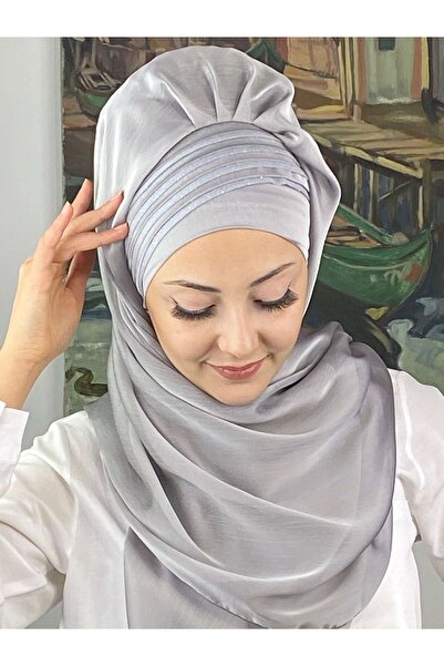 BUTİKAMBAR Saray Model Simli Drapeli Fransız Şifon Açık Gri Hazır Şal