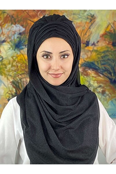 BUTİKAMBAR Topkapı Çapraz Fransız Şifon Drapeli Simli Siyah Hazır Şal