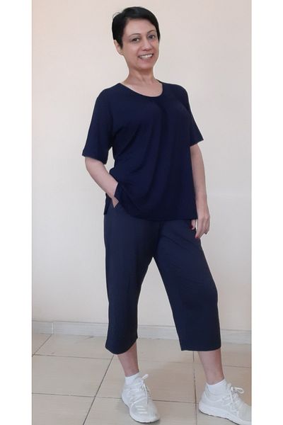 Mertcan Butik Navy Blue Collar Gathered Capri Size Pocket Combed Cotton Viscose Casual Pajamas Set