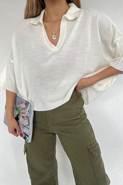 LE CARAMBOLE Women's White Polo Neck Oversize Knitwear Blouse
