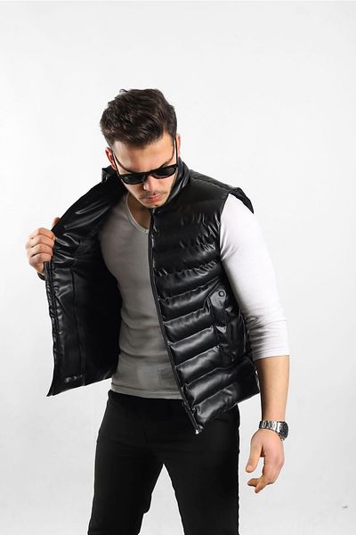PRİFALDİ Rain and Wind Proof Fiber Filled Black Inflatable Men's Leather Vest