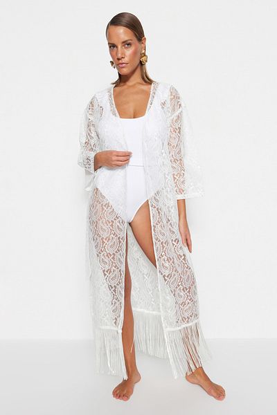 Trendyol Collection White Belted Maxi Knitted Tasseled Kimono&Kaftan TBESS23KM00047