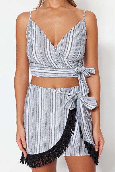 Trendyol Collection Csíkos szőtt bojt 100% pamut blúz strandszoknya öltöny TBESS23AU00080