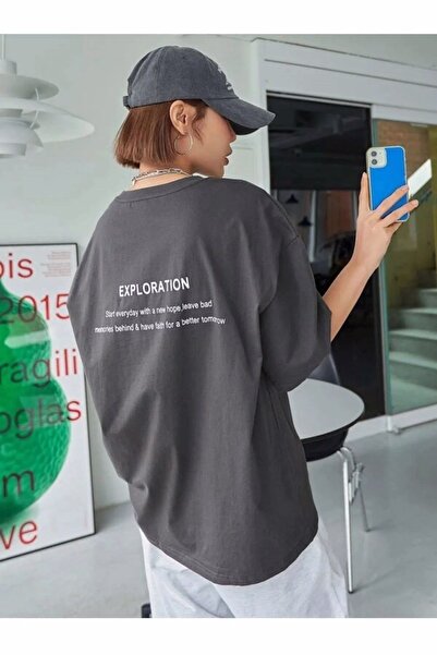 Keywest Tricou oversize antracit cu imprimeu „exploration” pentru femei de mă...
