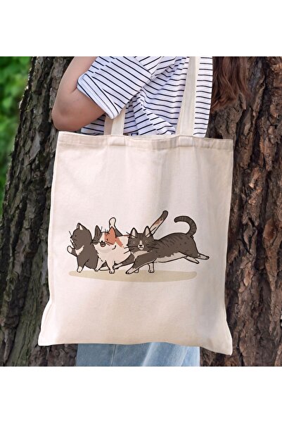 Bk Gift Cats Design Canvas Tote Bag, Printed Shoulder Bag, Shopping Bag, Beac...