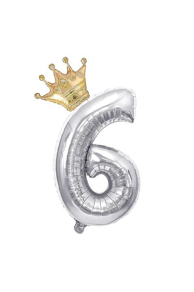 Patladı Gitti 6 Silver Numbers And Gold King Crown Foil Balloon Birthday Party Celebration Set