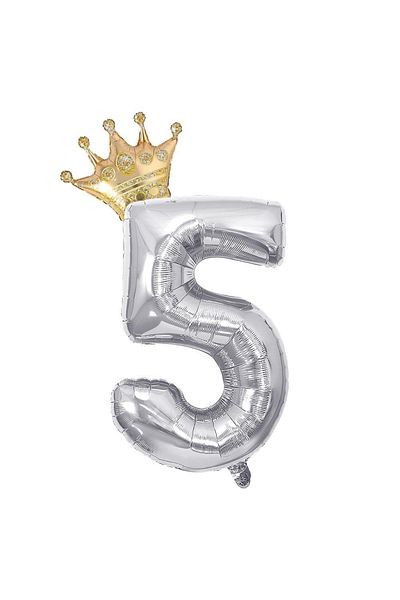 Patladı Gitti 5 Silver Numbers And Gold King Crown Foil Balloon Birthday Party Celebration Set