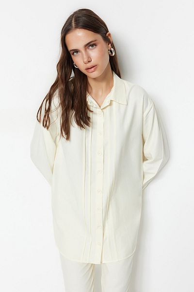 Trendyol Modest Παστέλ κίτρινο σωληνώσεις Λεπτομερές σετ υφαντό βαμβακερό πουκάμισο-παντελόνι TCTSS23US00089
