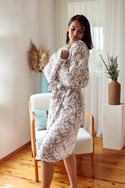 vivamaison Adult Patterned Muslin Bathrobe, Special Design 100% Cotton 2 Layers Double Sided Hooded