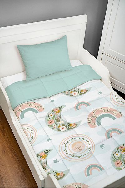 Tuğba Kuğu Montessori Quilt Set (95X195 CM) - Iconic Series - Floral Moon And Rainbow