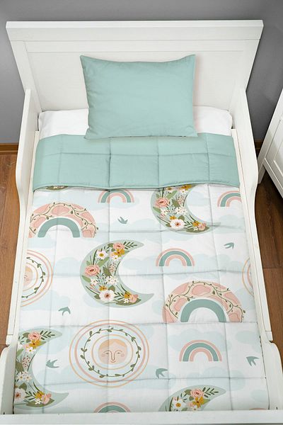 Tuğba Kuğu Montessori Quilt Set (95X195 CM) - Iconic Series - Floral Moon And Rainbow