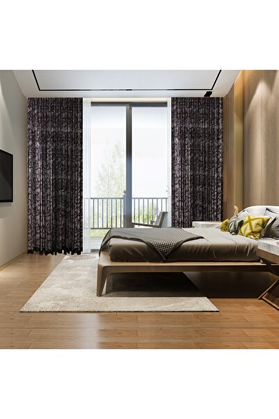 perhal perde ve halı Şal Desen Siyah Fransız Kdk Tek Kanat Sık Pile Tül Fon P...