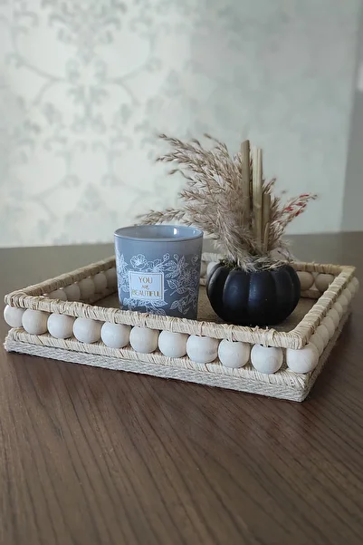 DEKOLOBİ Wicker Wooden Beaded Square Decorative Tray 24 cm