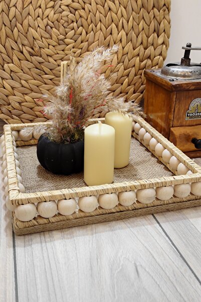 DEKOLOBİ Wicker Wooden Beaded Square Decorative Tray 24 cm
